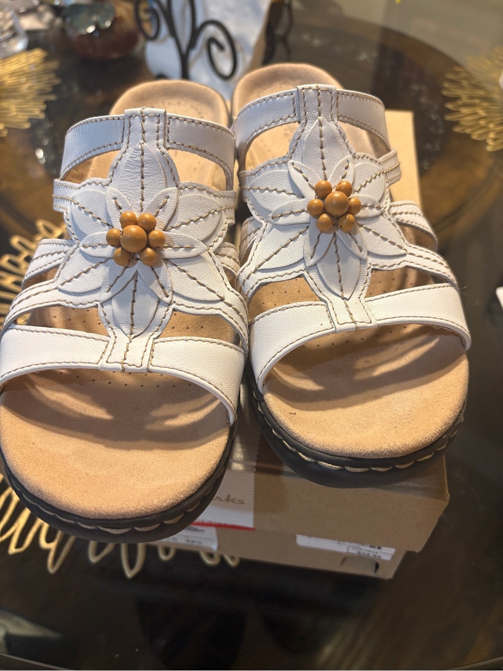 Clarks White Floral Strap Sandals with Tan Bead Detail